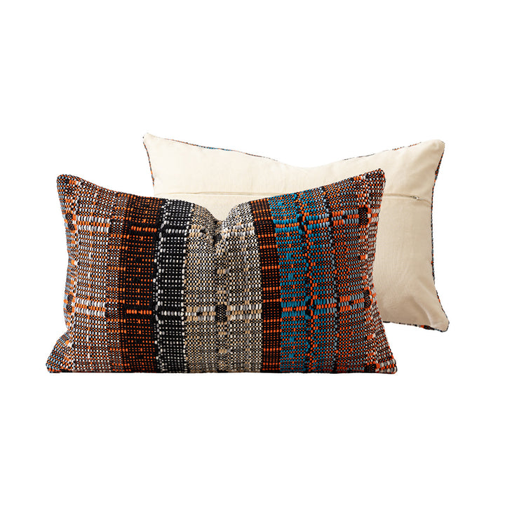Square woven decorative pillow cover with textured block stripe weaving and concealed zipper