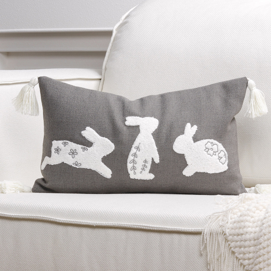 Decorative Lumbar Pillow Cover with Tufted Bunny Appliqués and Corner Tassels
