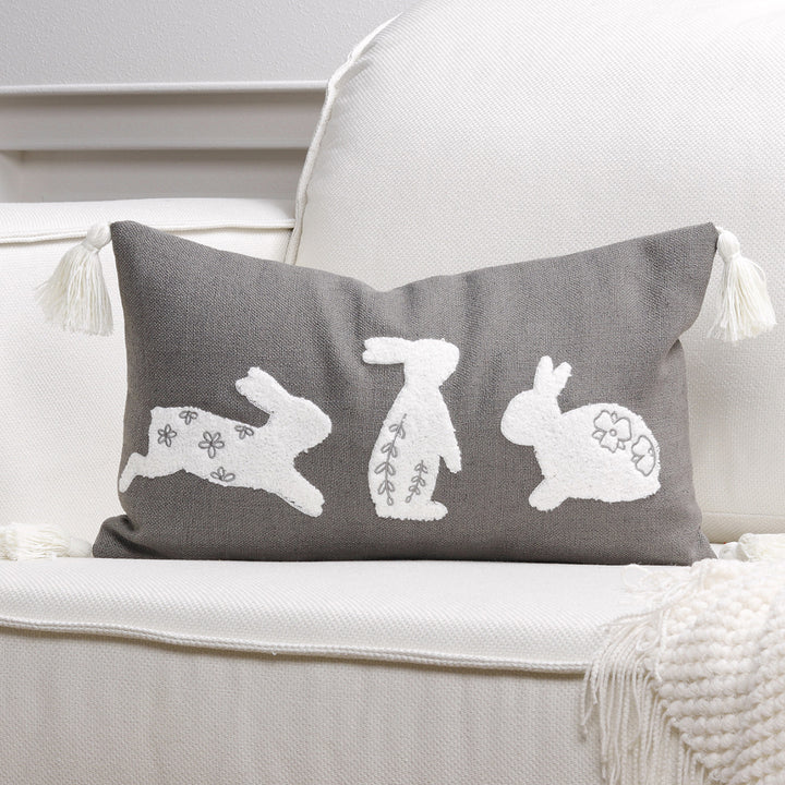 Decorative Lumbar Pillow Cover with Tufted Bunny Appliqués and Corner Tassels