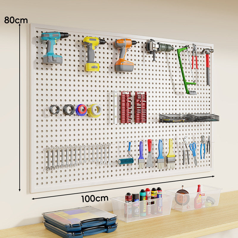 Heavy-Duty Wall-Mounted Perforated Steel Pegboard Tool Organizer with Modular Hooks and Shelf