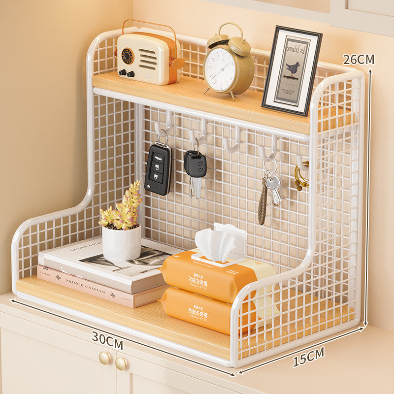 Wall-mounted double shelf organizer with hooks