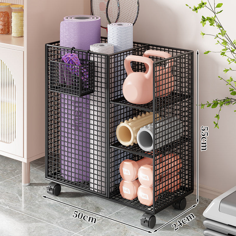 Rolling Mesh Fitness Storage Cart with Vertical Yoga Mat Slot and Shelved Compartments