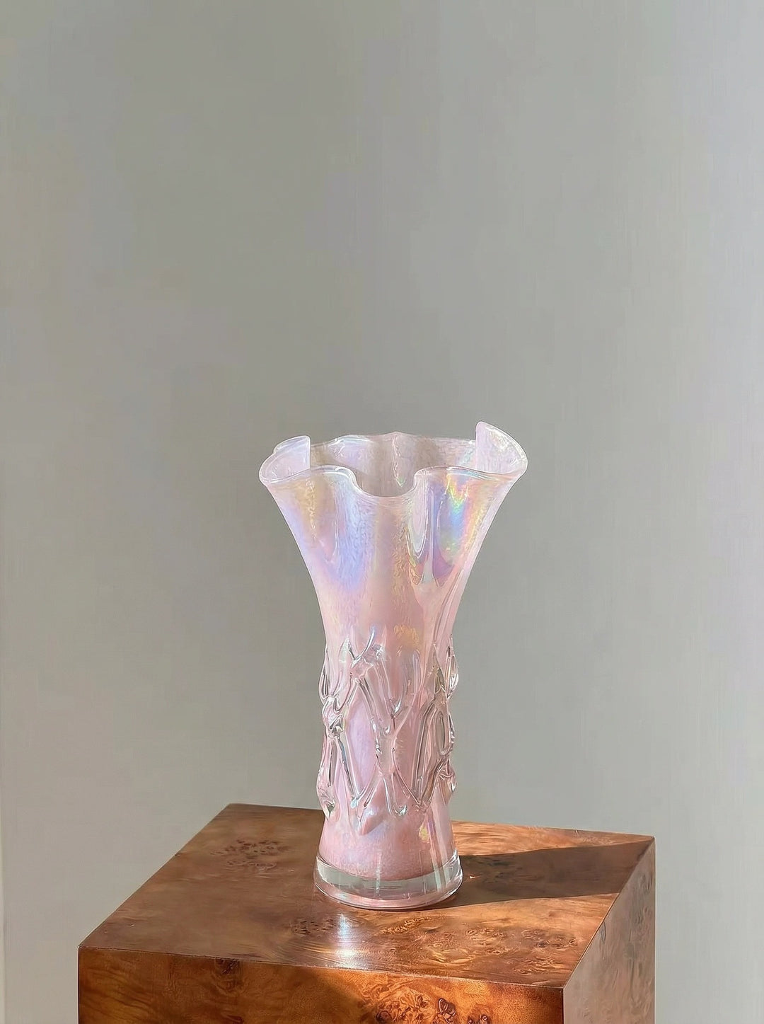Iridescent Hand-Blown Sculptural Ruffled-Rim Art Glass Vase