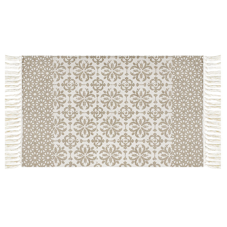Flat-woven cotton runner with Mediterranean tile jacquard and decorative fringes