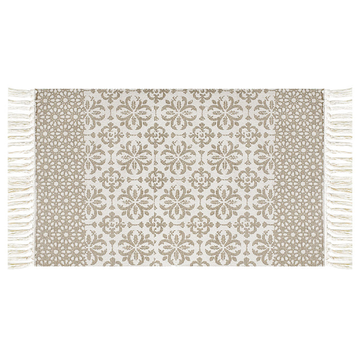 Flat-woven cotton runner with Mediterranean tile jacquard and decorative fringes