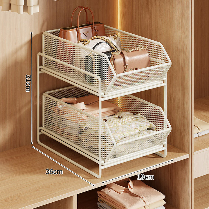 Double-Layer Metal Mesh Pull-Out Closet Organizer for Handbags and Folded Clothing
