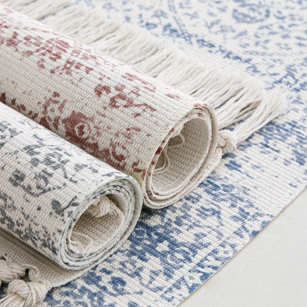 Woven vintage rug runner with fringes and oriental used look