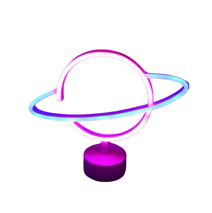 Saturn-inspired LED orb table lamp with dual-colored neon rings