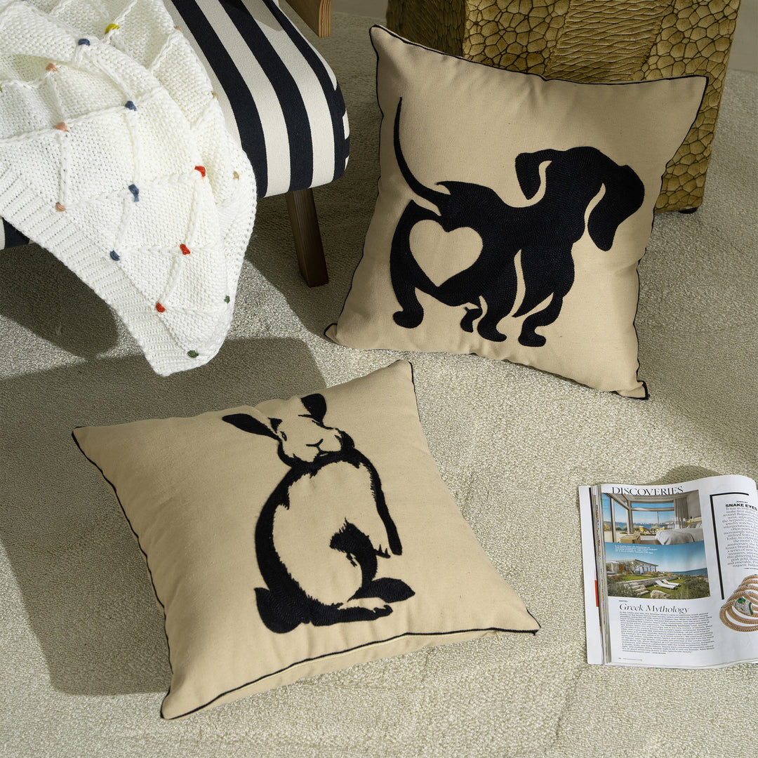 Cotton decorative pillow with raised dog tuft embroidery and contrasting piping