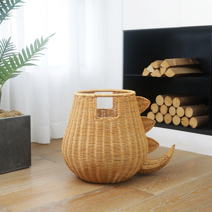 Handcrafted toy basket with dinosaur motif