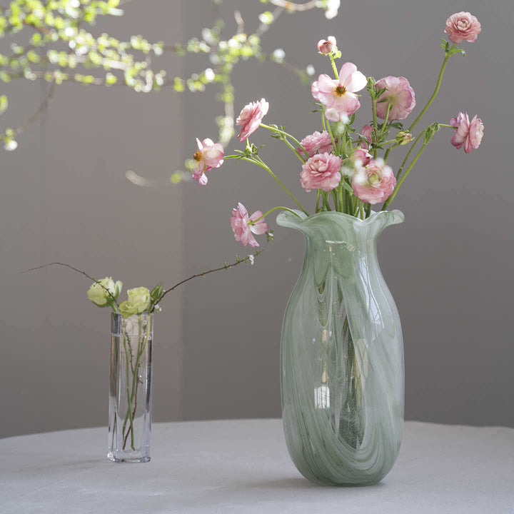 Hand-Blown Marbled Swirl Glass Ruffled-Rim Decorative Vase