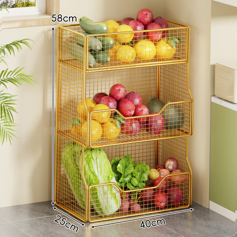 Double-Tier Metal Mesh Produce and Pantry Storage Rack with Sliding Front Baskets