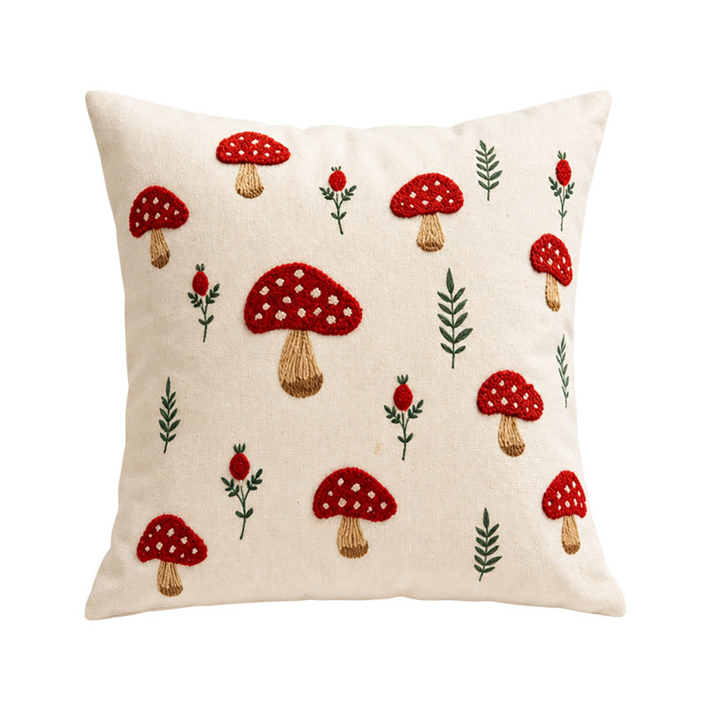 Embroidered Autumn Throw Pillow Cover with Mushroom and Leaf Appliqué