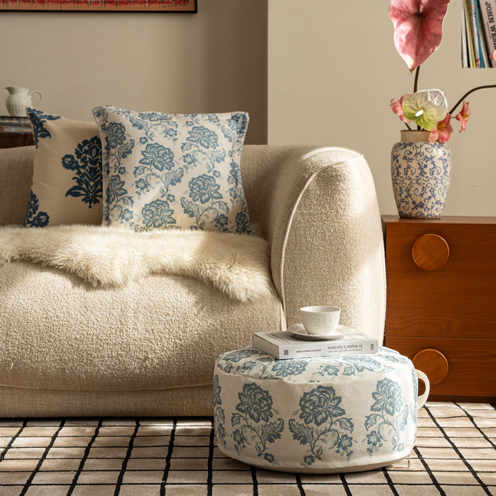 Seating pouf - meditation cushion with floral jacquard cover and carrying handle