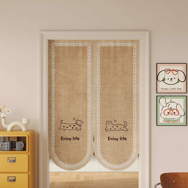 Split Noren Door Curtain Linen-Blend Dachshund Pattern Privacy Panel