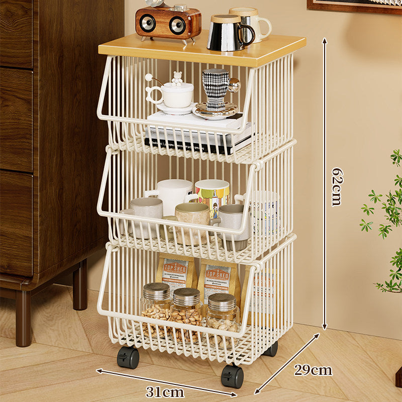 Four-Tier Industrial Wire Basket Cart with Wood Top and Swivel Locking Casters