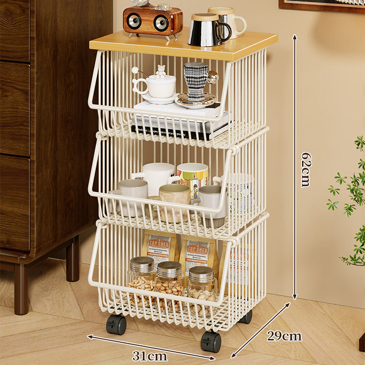 Four-Tier Industrial Wire Basket Cart with Wood Top and Swivel Locking Casters