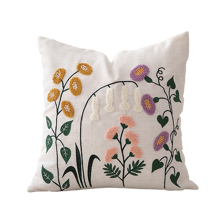 Embroidered linen decorative pillow with botanical flower embroidery
