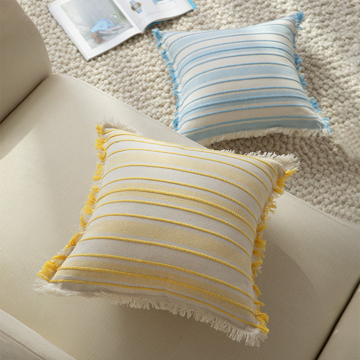 Square striped linen decorative cushion with fringed edge and textured weave