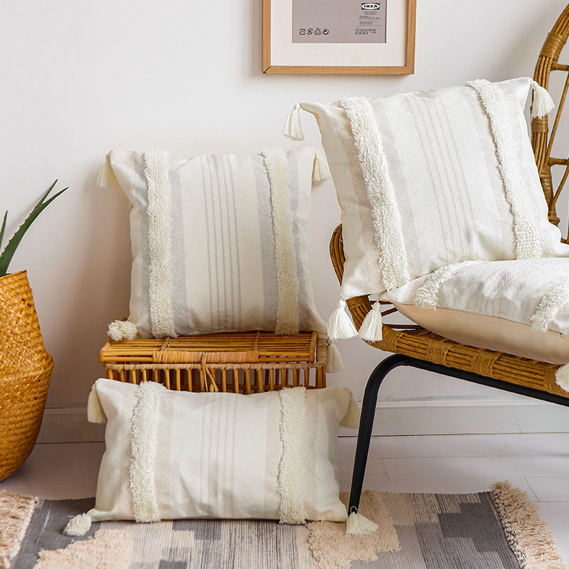 Square cotton pillow cover with fringe tassels and textured chenille stripes