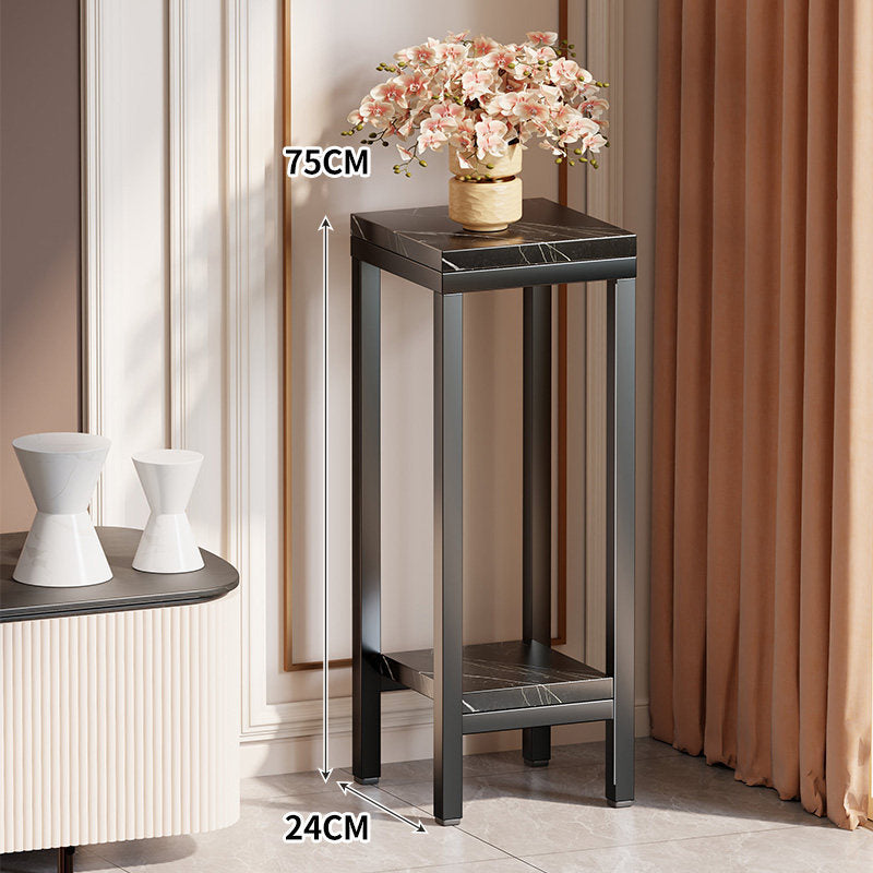Tall Narrow Marble-Top Plant Stand Side Table with Lower Shelf and Gold Metal Frame