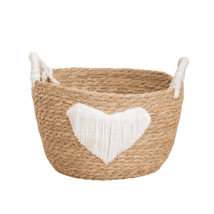 Handwoven storage basket with heart design