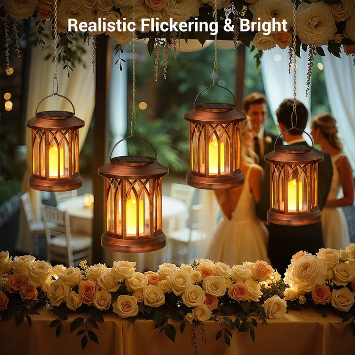 Solar-powered hanging LED lantern set with flickering flameless candle and metal clip hook