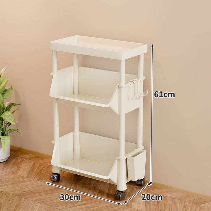 Slim Vertical Four-Bin Rolling Storage Tower with Deep Angled Bins and Side Hook