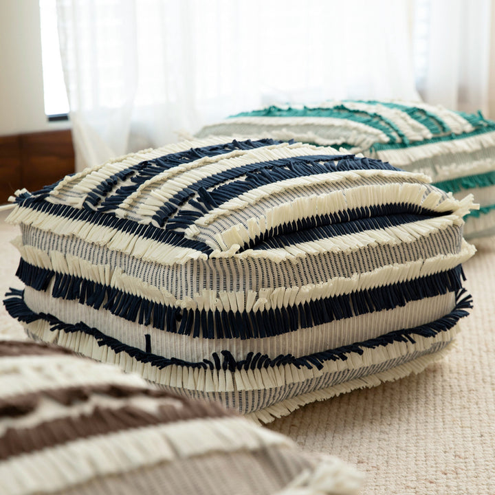 Boho-Pouf floor cushion with textured fringe surface