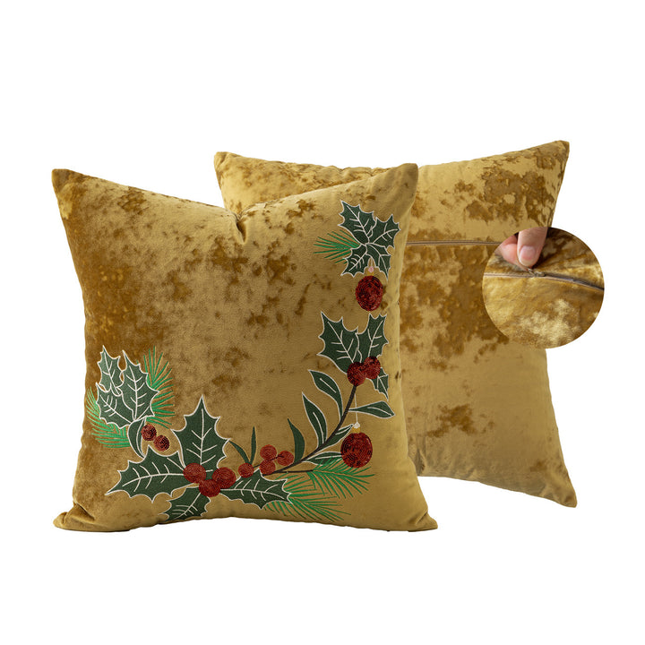 Rectangular velvet cushion cover with embroidered Christmas ornaments