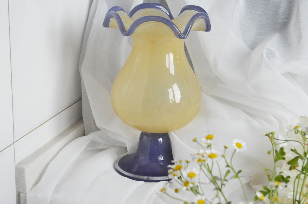 Tall Hand-Blown Fluted Glass Vase with Ruffled Rim & Rounded Pedestal Base