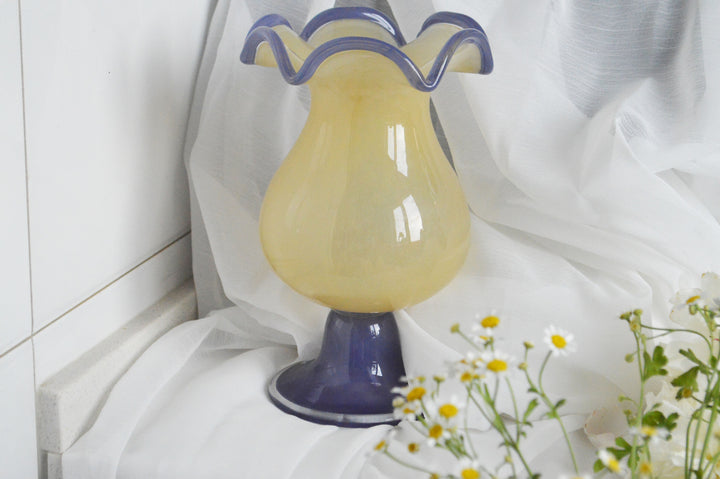Tall Hand-Blown Fluted Glass Vase with Ruffled Rim & Rounded Pedestal Base