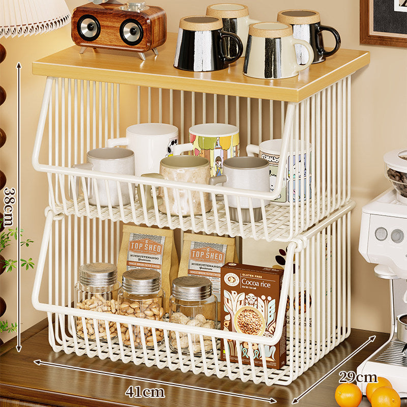 Four-Tier Industrial Wire Basket Cart with Wood Top and Swivel Locking Casters