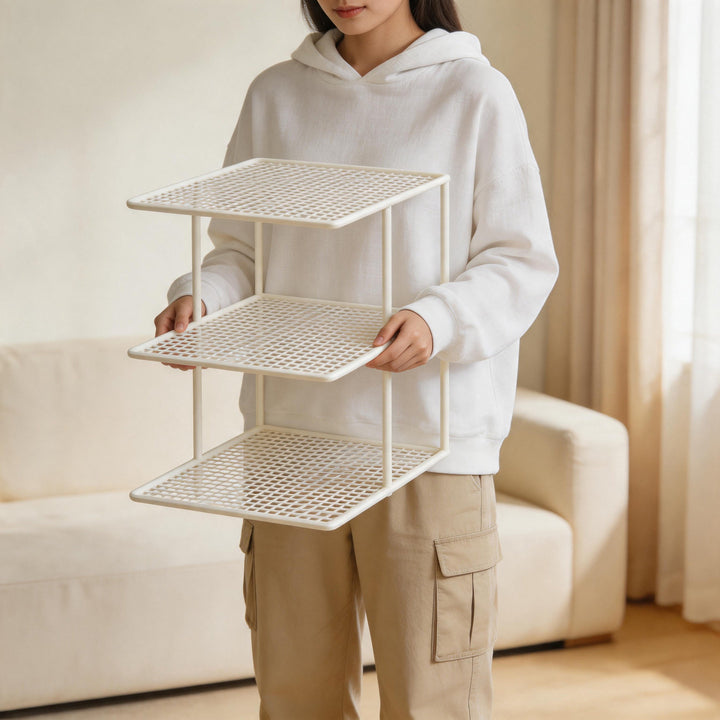 Compact Three-Level Ventilated Mesh Closet Shelf Organizer Stand