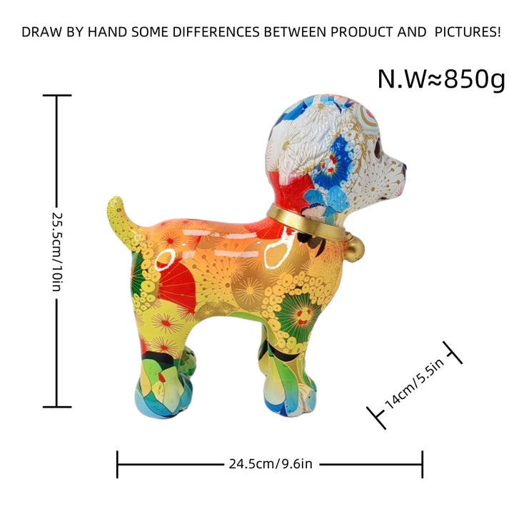 Artistic dog sculpture with colorful design