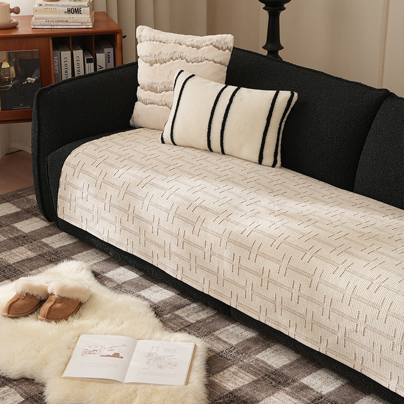 Woven rectangular table runner made of cotton blend with checkered pattern and striped border