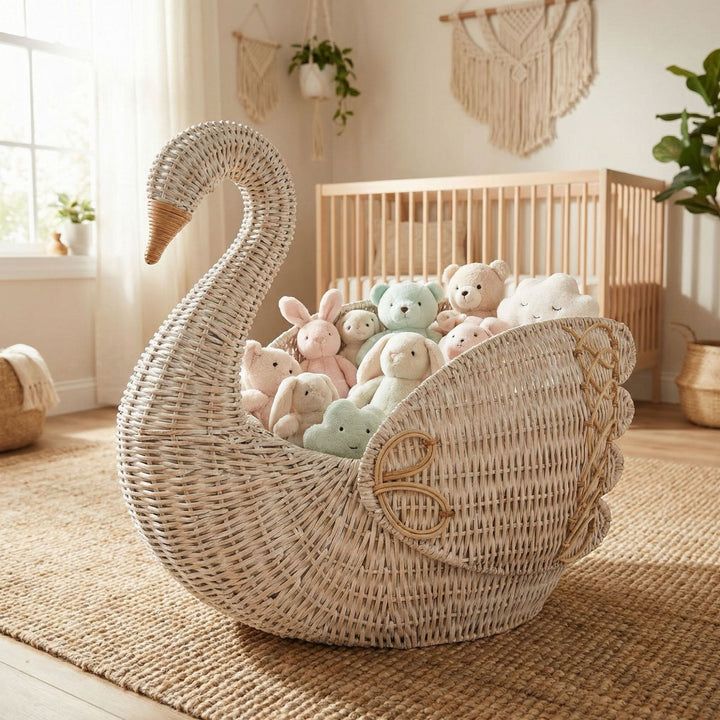Playful laundry basket in the shape of a swan