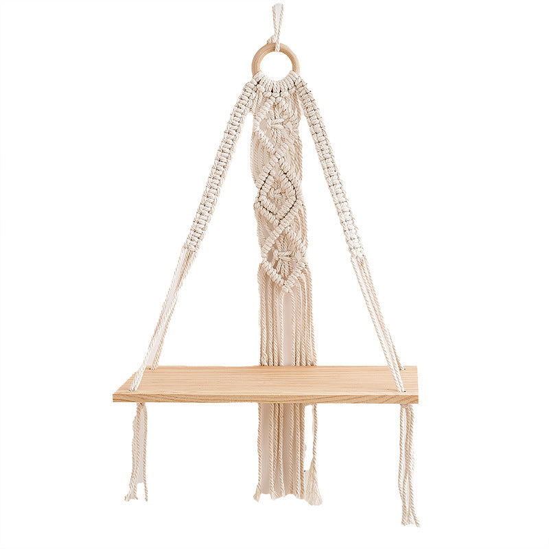 Macramé Hanging Shelf with Natural Wood Base