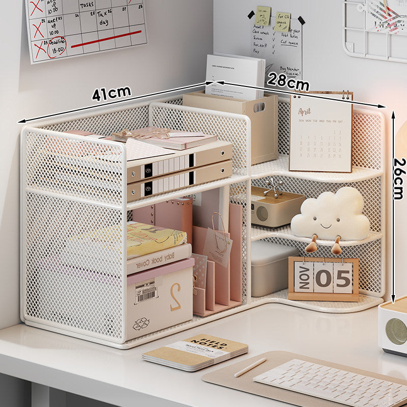 Corner Mesh Metal Desktop Organizer with Multi-Tier Shelves and File Slots