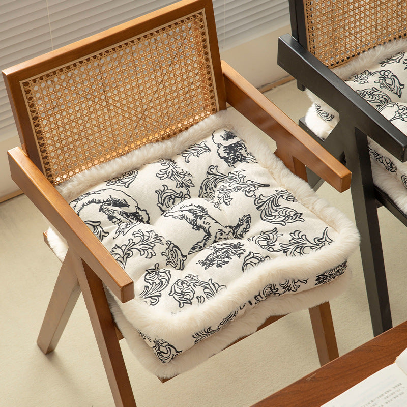 Decorative square seat cushion with baroque angel print and faux fur trim