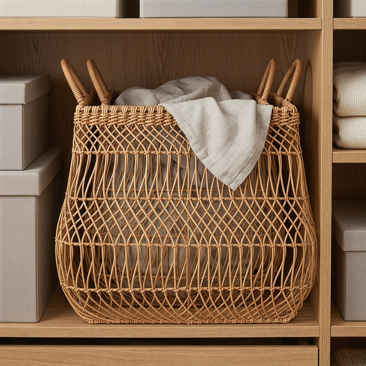 Playful storage basket made of handwoven wicker