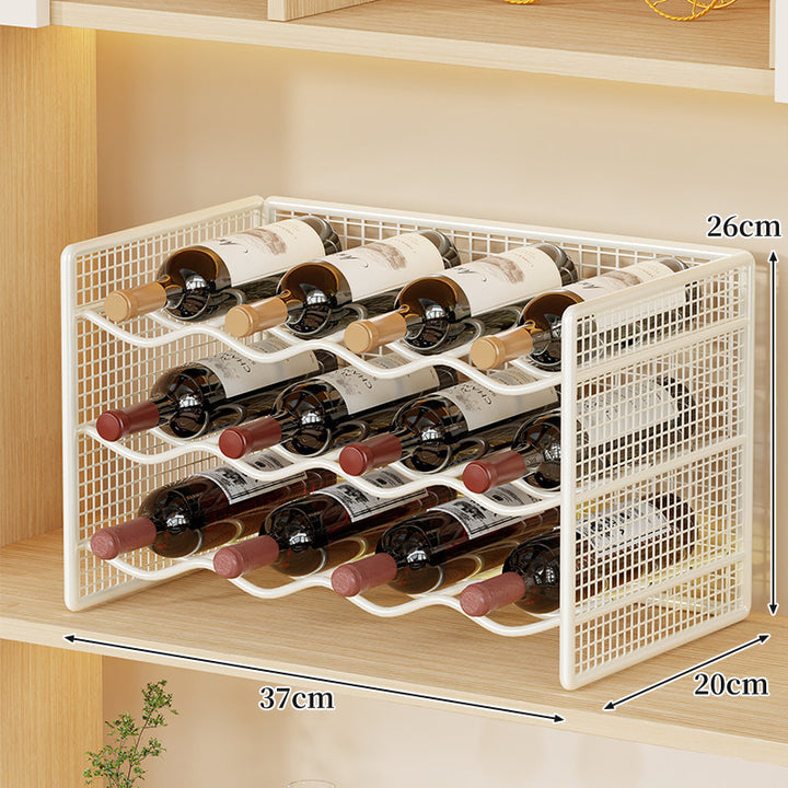 Countertop Metal Wine Bottle Rack Mesh Organizer with Stackable Grid Sides and Curved Bottle Cradles