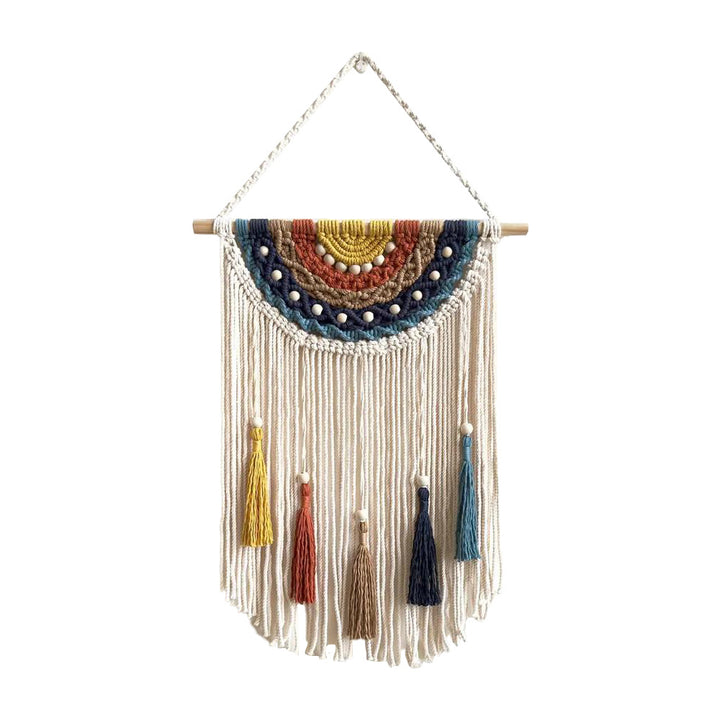 Artistic macrame wall hanging with colorful tassels and decorative elements