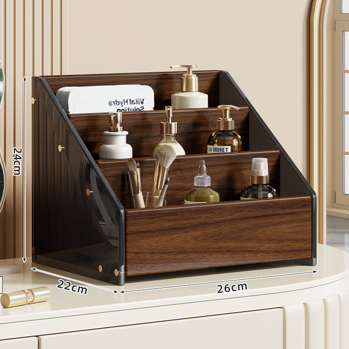 Tiered Walnut Cosmetic and Skincare Display Organizer with Angled Shelves and Removable Front Tray