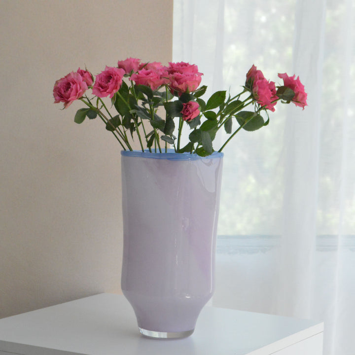 Hand-Blown Tall Decorative Glass Vase with Wavy Rim