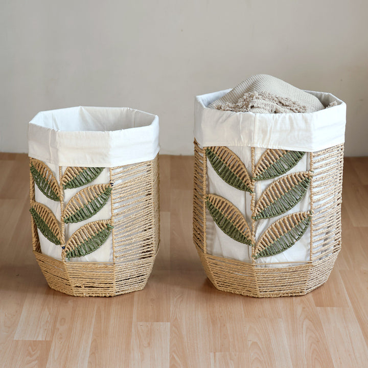 Rustic laundry basket with floral pattern