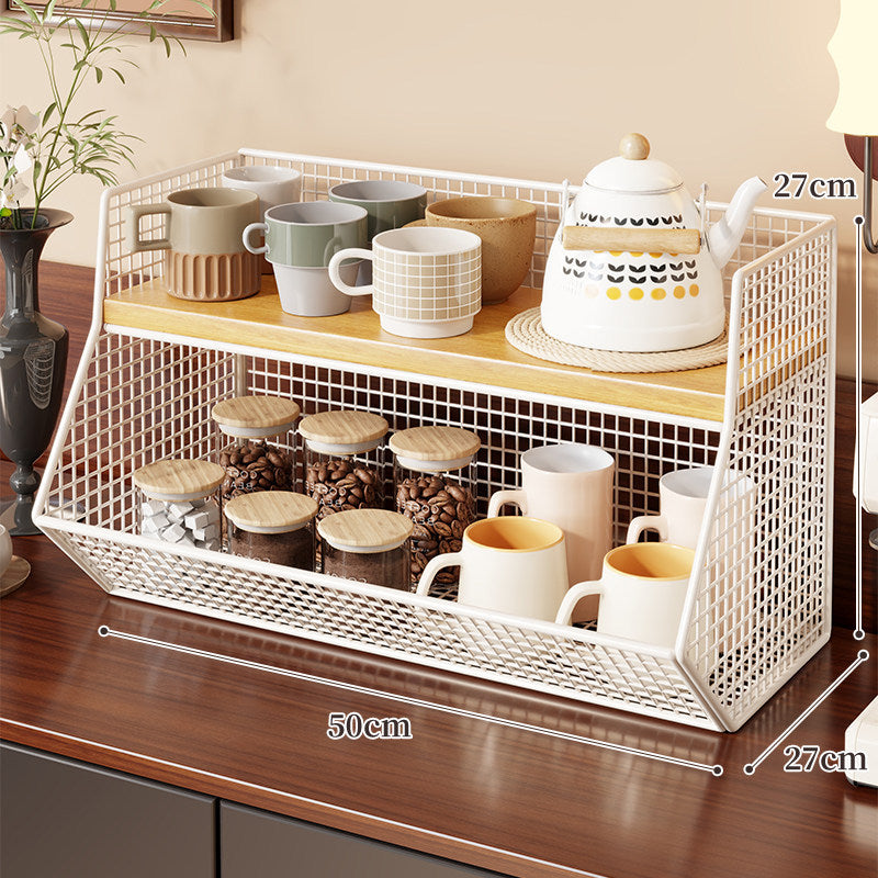 Two-Level Angled Wire Mesh Countertop Organizer with Wood-Effect Top Shelf and Front Drop Bins