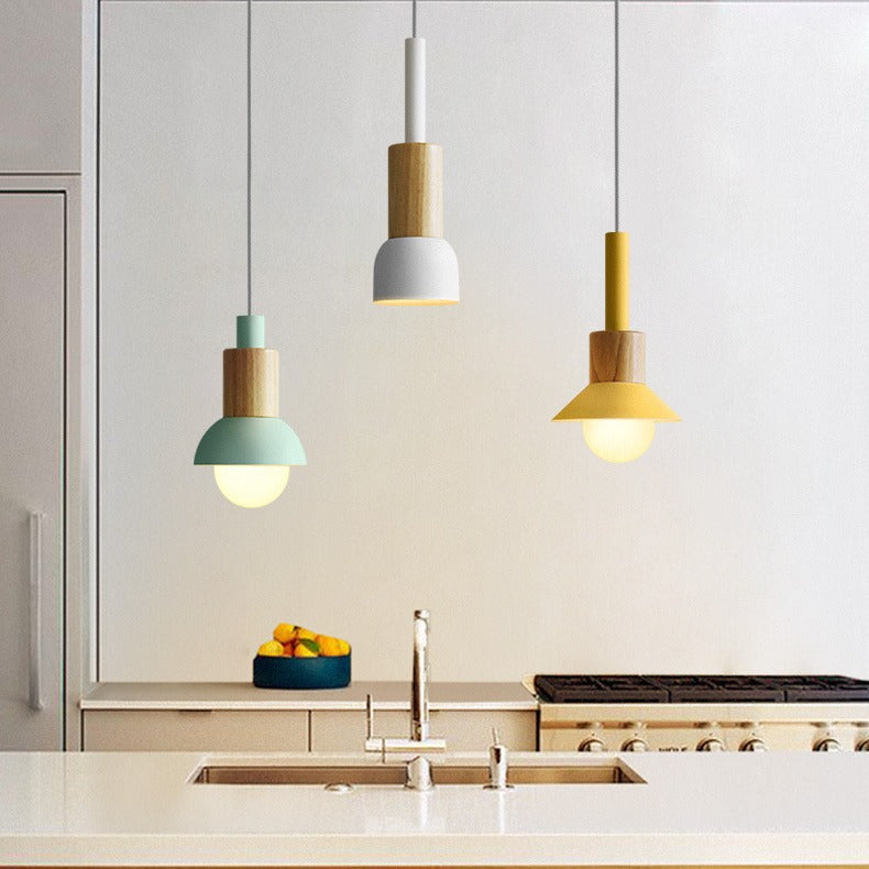 Minimalist wood and metal pendant lamp with small shade dome