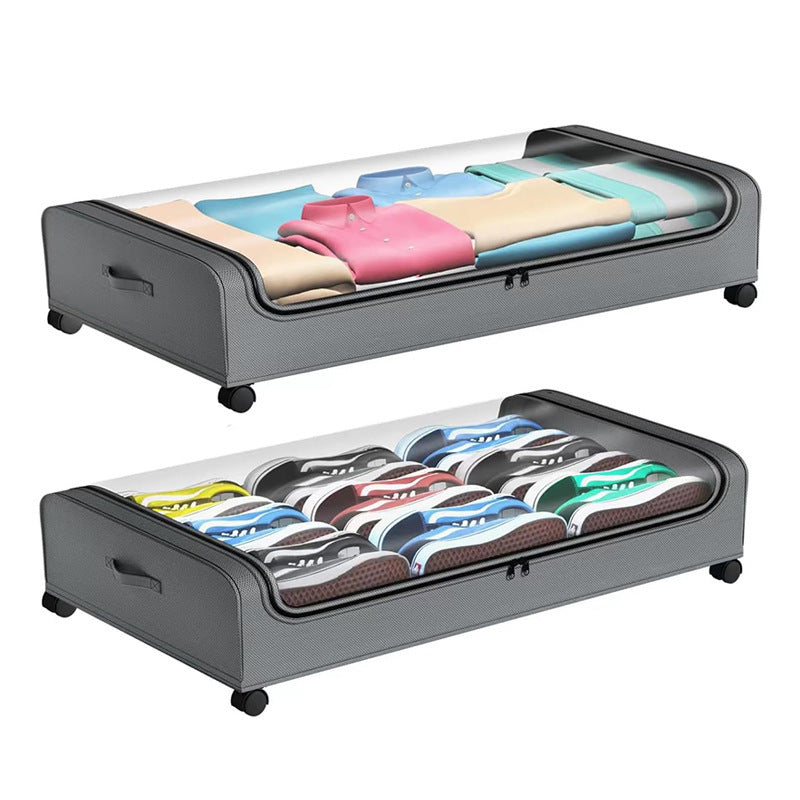 Storage box with wheels and transparent lid