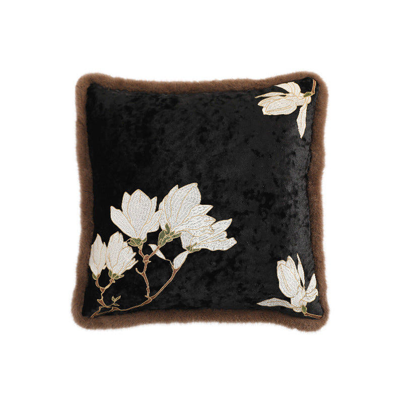 Square velvet decorative pillowcase with magnolia embroidery and faux fur trim